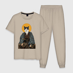 Пижама хлопковая мужская Samurai one - eyed cat, цвет: миндальный