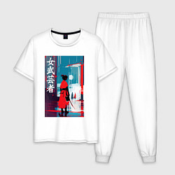 Пижама хлопковая мужская Онна-бугэйся - девушка-самурай - иероглифы - Япони, цвет: белый