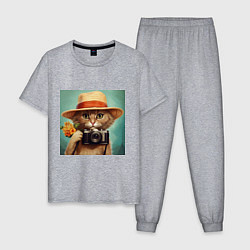 Пижама хлопковая мужская Кот в соломенной шляпе с фотоаппаратом, цвет: меланж