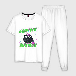 Пижама хлопковая мужская Funny Birthday веселого дня рождения и сова в колп, цвет: белый