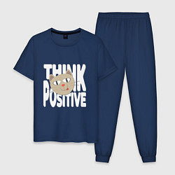 Пижама хлопковая мужская Забавный кот и надпись Think positive, цвет: тёмно-синий