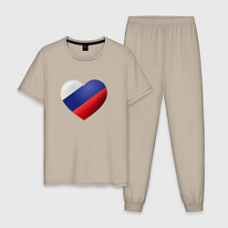 Пижама хлопковая мужская Флаг России в сердце, цвет: миндальный