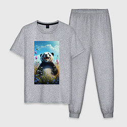 Пижама хлопковая мужская Довольная панда на природе, цвет: меланж