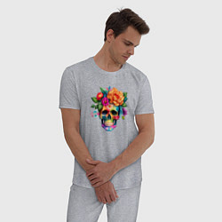Пижама хлопковая мужская Череп с цветами в мексиканском стиле, цвет: меланж — фото 2