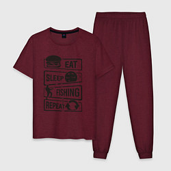 Пижама хлопковая мужская Eat sleep fishing repeat, цвет: меланж-бордовый