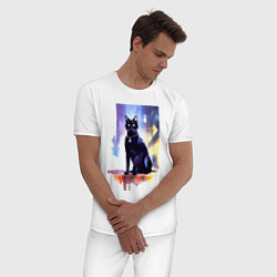 Пижама хлопковая мужская Чёрная кошечка - акварель, цвет: белый — фото 2
