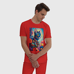 Пижама хлопковая мужская Кошка следящая за модой - нейросеть, цвет: красный — фото 2