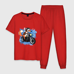 Пижама хлопковая мужская Лис на мотоцикле, цвет: красный