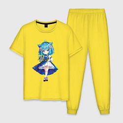 Пижама хлопковая мужская Аниме девушка-кошка в синем платье с букетом цвето, цвет: желтый