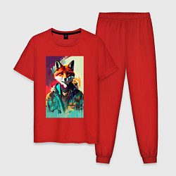 Пижама хлопковая мужская Крутая модная лисичка - нейросеть, цвет: красный