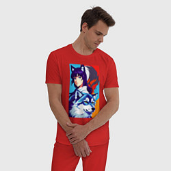 Пижама хлопковая мужская Девочка-волчонок и волк - аниме - нейросеть, цвет: красный — фото 2