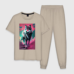 Пижама хлопковая мужская Fabulous wolf - neural network, цвет: миндальный