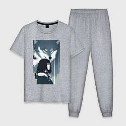 Пижама хлопковая мужская Девушка под защитой волка - нейросеть - аниме, цвет: меланж