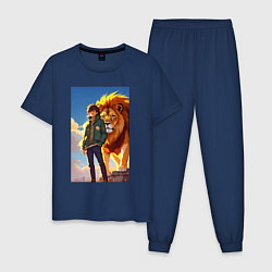 Пижама хлопковая мужская Пацан и лев - нейросеть - аниме, цвет: тёмно-синий