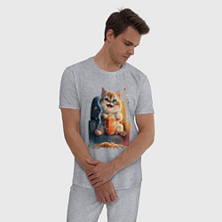 Пижама хлопковая мужская Веселый котик с попкорном, цвет: меланж — фото 2