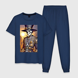 Пижама хлопковая мужская Модный скелет в шляпе - стимпанк - нейросеть, цвет: тёмно-синий