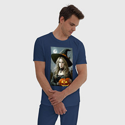 Пижама хлопковая мужская Прекрасная ведьма с тыквой - хэллоуин, цвет: тёмно-синий — фото 2