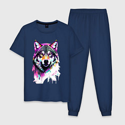 Пижама хлопковая мужская Волчья морда - поп-арт - цвет, цвет: тёмно-синий