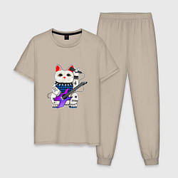 Пижама хлопковая мужская Рок кот нэко с микрофоном и гитарой, цвет: миндальный