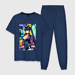 Пижама хлопковая мужская Крутая городская девчонка - аниме, цвет: тёмно-синий