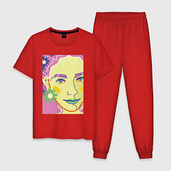 Пижама хлопковая мужская Женский портрет с полевыми цветами, цвет: красный