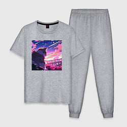 Мужская пижама Аниме пейзаж с котом