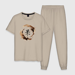 Пижама хлопковая мужская Иероглиф в кофейном круге, цвет: миндальный