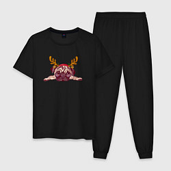 Пижама хлопковая мужская Новогодний мопс с рогами, цвет: черный