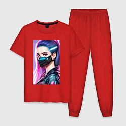 Пижама хлопковая мужская Красавица в маске - киберпанк - нейросеть, цвет: красный