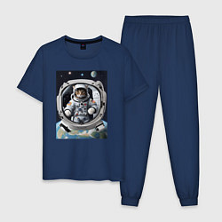 Пижама хлопковая мужская Котик улетел в космос, цвет: тёмно-синий