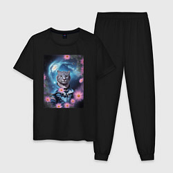 Пижама хлопковая мужская Тигр в костюме и галактика с цветами, цвет: черный