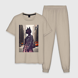Пижама хлопковая мужская Cat fashionista - New York - ai art, цвет: миндальный
