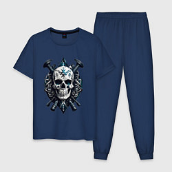Пижама хлопковая мужская Татуированный череп викинга, цвет: тёмно-синий