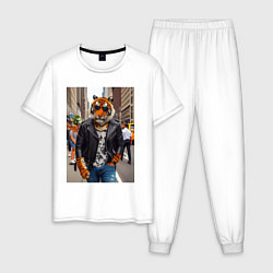 Пижама хлопковая мужская Cool tiger on the streets of New York - ai art, цвет: белый