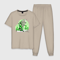 Пижама хлопковая мужская Зелёный дракон на скале 2024, цвет: миндальный