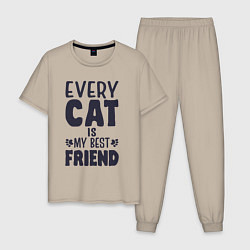 Пижама хлопковая мужская Every cat is my best friend, цвет: миндальный