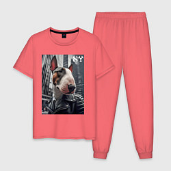 Пижама хлопковая мужская Dude bull terrier in New York - ai art, цвет: коралловый