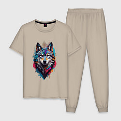 Пижама хлопковая мужская Волк в стиле Граффити, цвет: миндальный