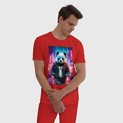Пижама хлопковая мужская Панда в ночном Пекине - киберпанк - нейросеть, цвет: красный — фото 2