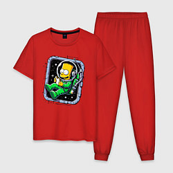 Пижама хлопковая мужская Барт Симпсон с сэндвичем в космосе - нейросеть, цвет: красный