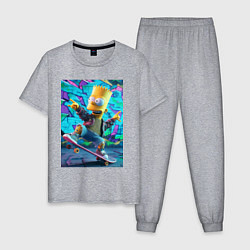 Пижама хлопковая мужская Скейтбордист Барт Симпсон на фоне граффити, цвет: меланж