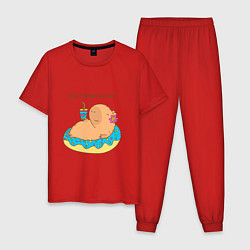 Пижама хлопковая мужская Капибара с пончиком dont worry be capy, цвет: красный