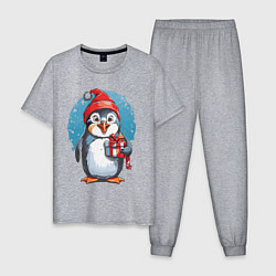 Пижама хлопковая мужская Пингвин с новогодним подарком, цвет: меланж