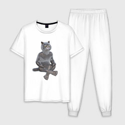 Пижама хлопковая мужская Кот йог, цвет: белый