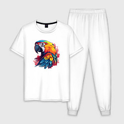 Пижама хлопковая мужская Яркий попугай на красных брызгах, цвет: белый