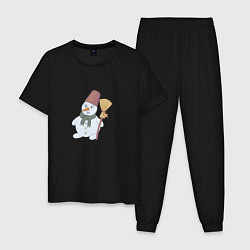 Пижама хлопковая мужская Снеговик с метлой, цвет: черный