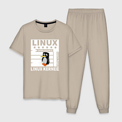 Пижама хлопковая мужская Пингвин программист системы линукс, цвет: миндальный