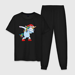 Пижама хлопковая мужская Санта единорог, цвет: черный