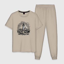 Пижама хлопковая мужская Море и маяк, цвет: миндальный
