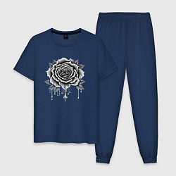 Пижама хлопковая мужская Черно белая роза цветы, цвет: тёмно-синий